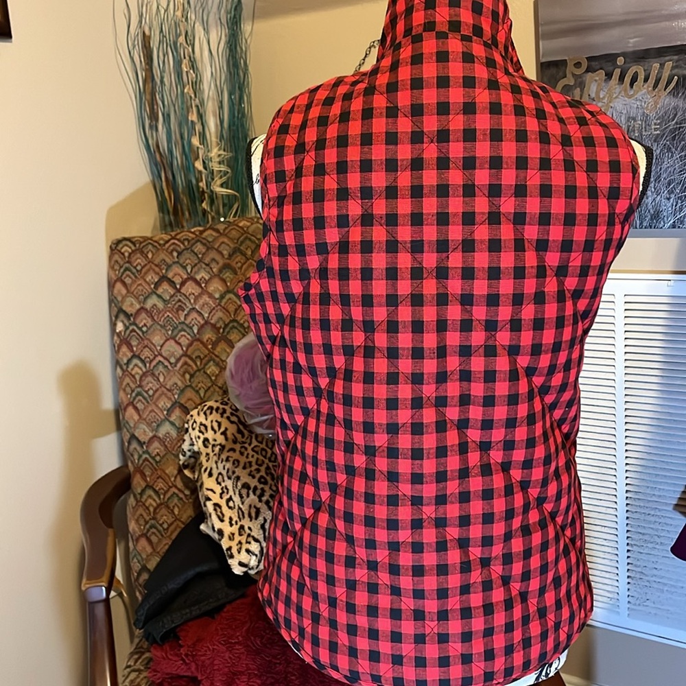♥️ ETWO Buffalo Plaid VEST♥️ Red/Black front zipper high neck SIZE M 100% cotton - Picture 7 of 8